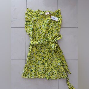NWT Banjanan Audrey Ruffle Yellow Flora Mini Dress with Tie Waist. Size L